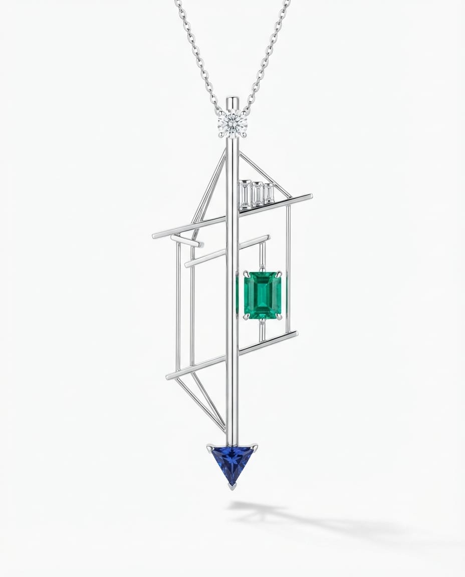 Monolith Necklace — 18K yellow gold necklace with diamond, emerald, and blue sapphire