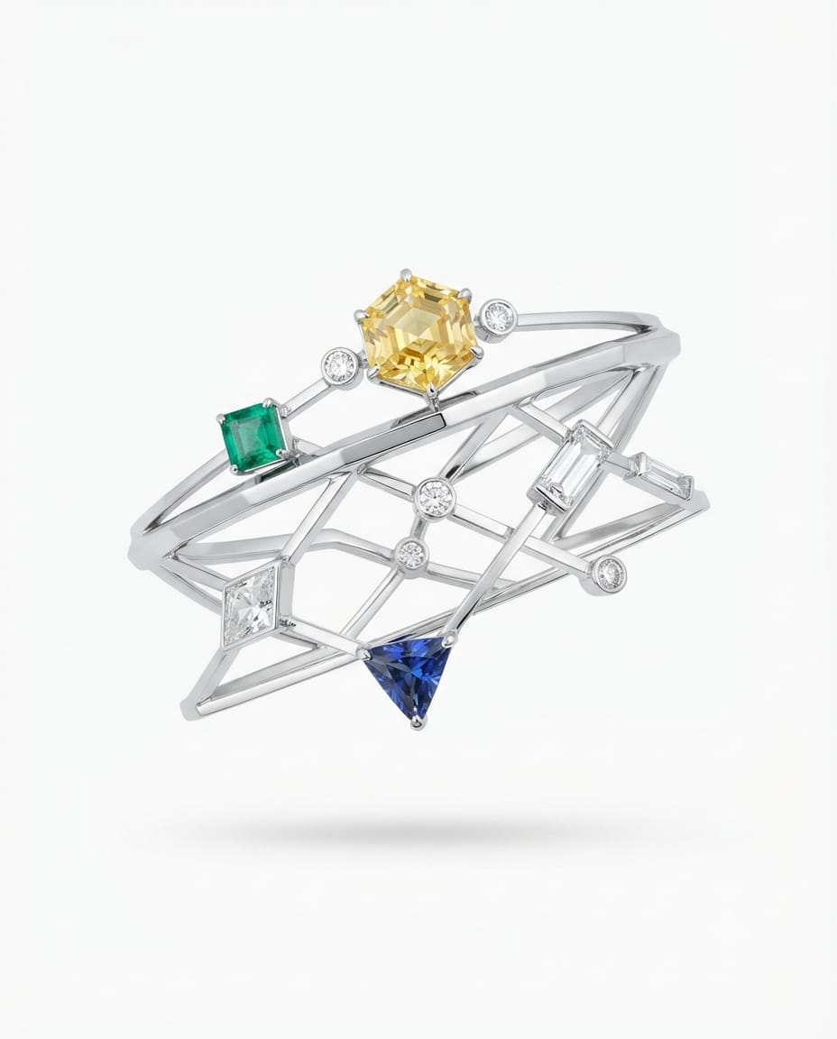 Lattice Bracelet — 18K white gold bracelet with diamond, yellow sapphire, emerald, and blue sapphire