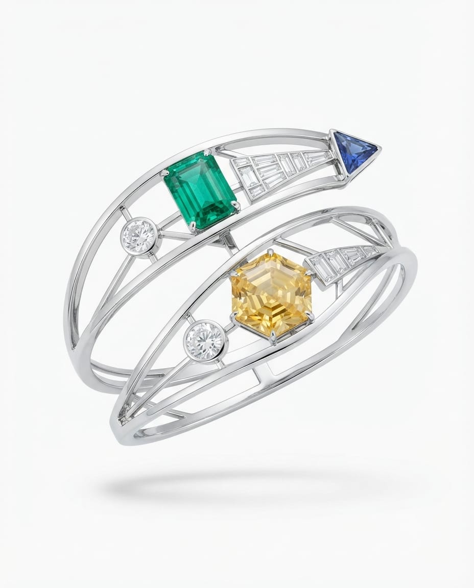Helix Bangle — 18K rose gold bangle with diamond, emerald, yellow sapphire, and blue sapphire