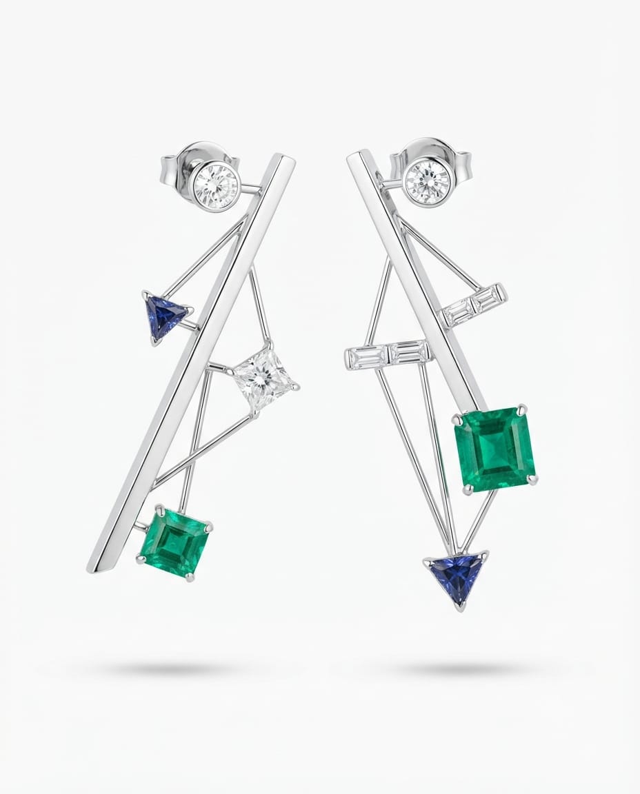 Vector Earrings — 18K white gold earrings with diamond, emerald, and blue sapphire