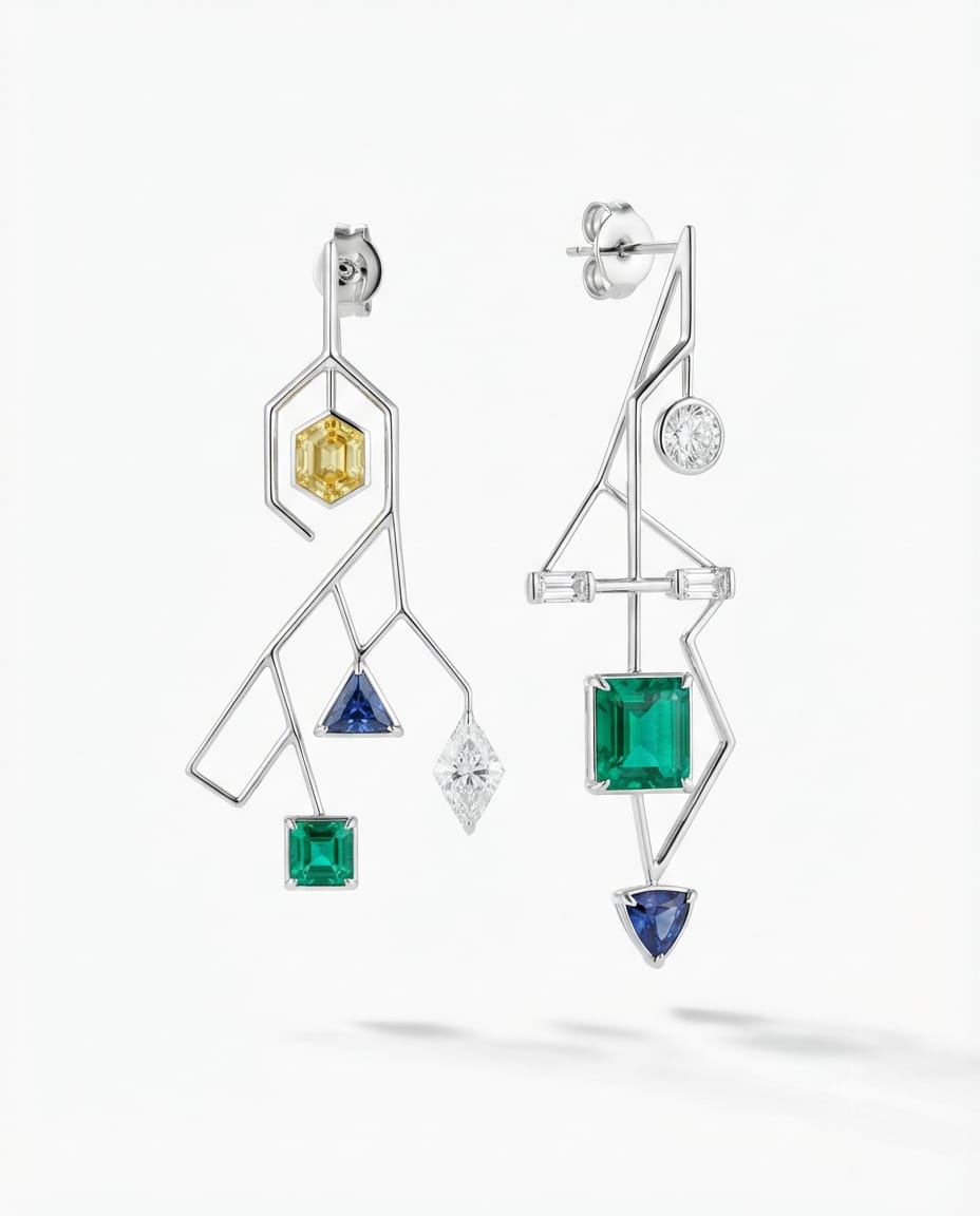 Prism Earrings — 18K white gold earrings with diamond, yellow sapphire, emerald, and blue sapphire