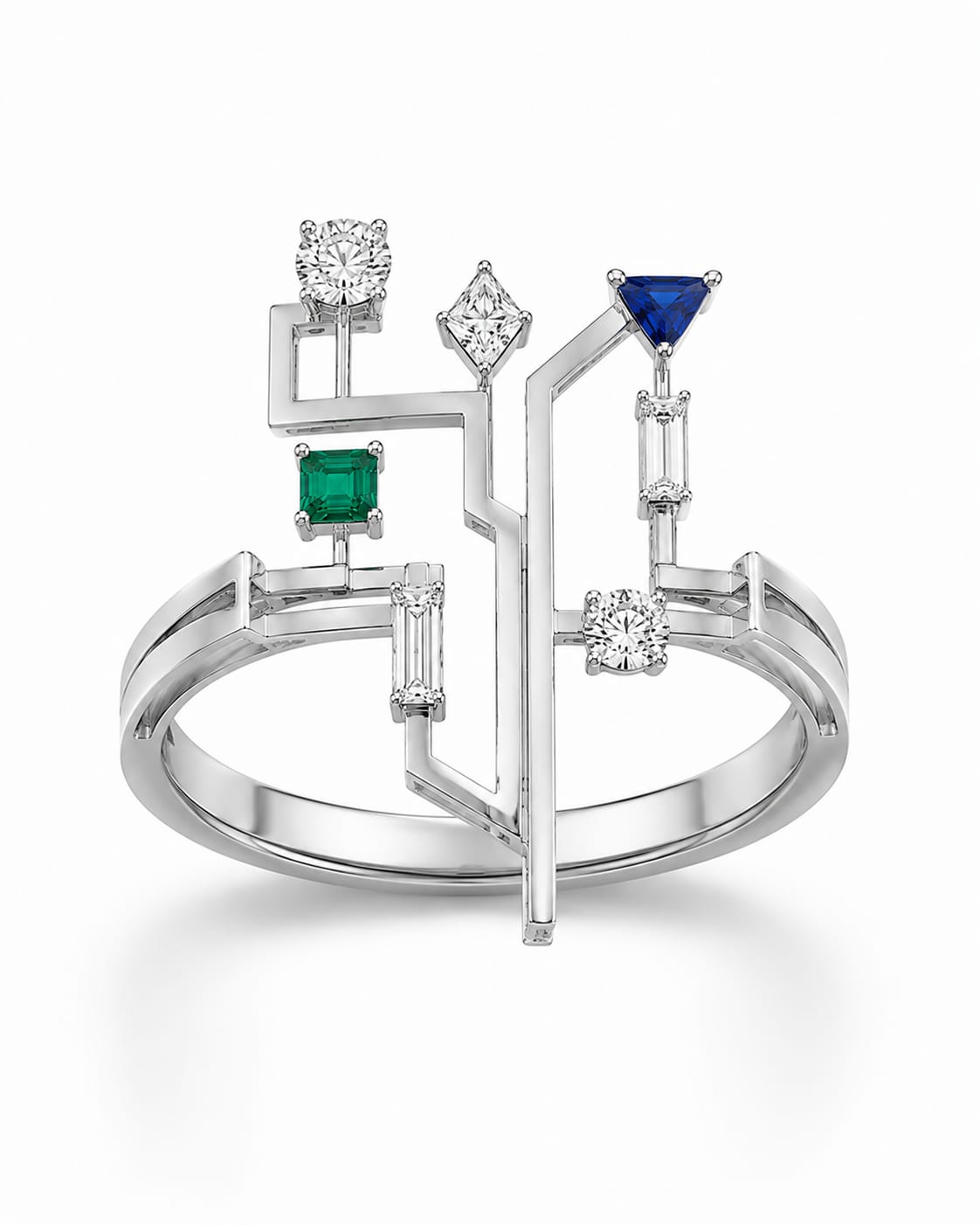 Vane Ring — 18K white gold ring with diamond, blue sapphire, and emerald