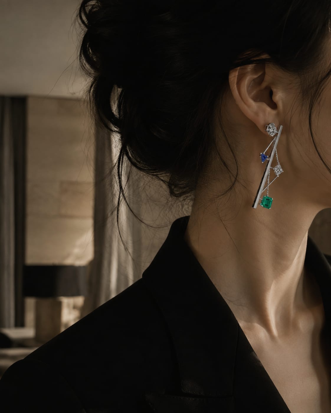 Axis Language collection — vertical, structural fine jewelry in gold with colored gemstones