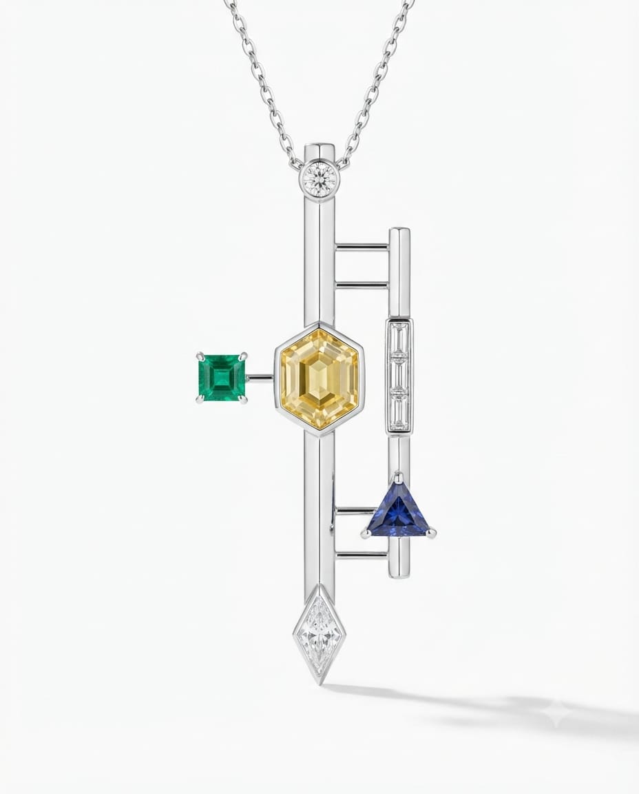 Tensegrity Necklace — 18K yellow gold necklace with diamond, yellow sapphire, emerald, and blue sapphire