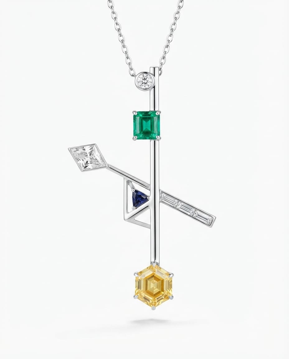 Libra Necklace — 18K white gold necklace with diamond, yellow sapphire, emerald, and blue sapphire