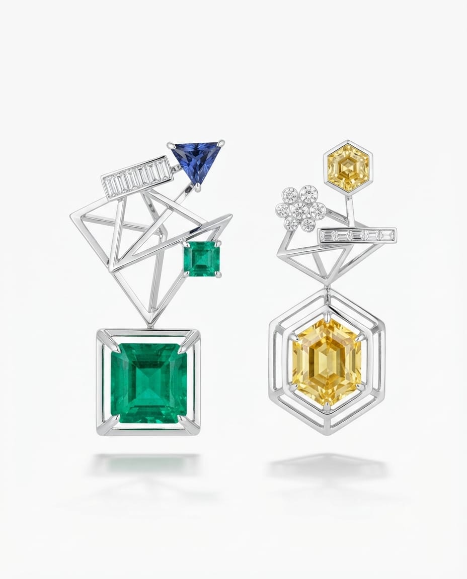 Symmetry Earrings — 18K white gold earrings with diamond, emerald, yellow sapphire, and blue sapphire