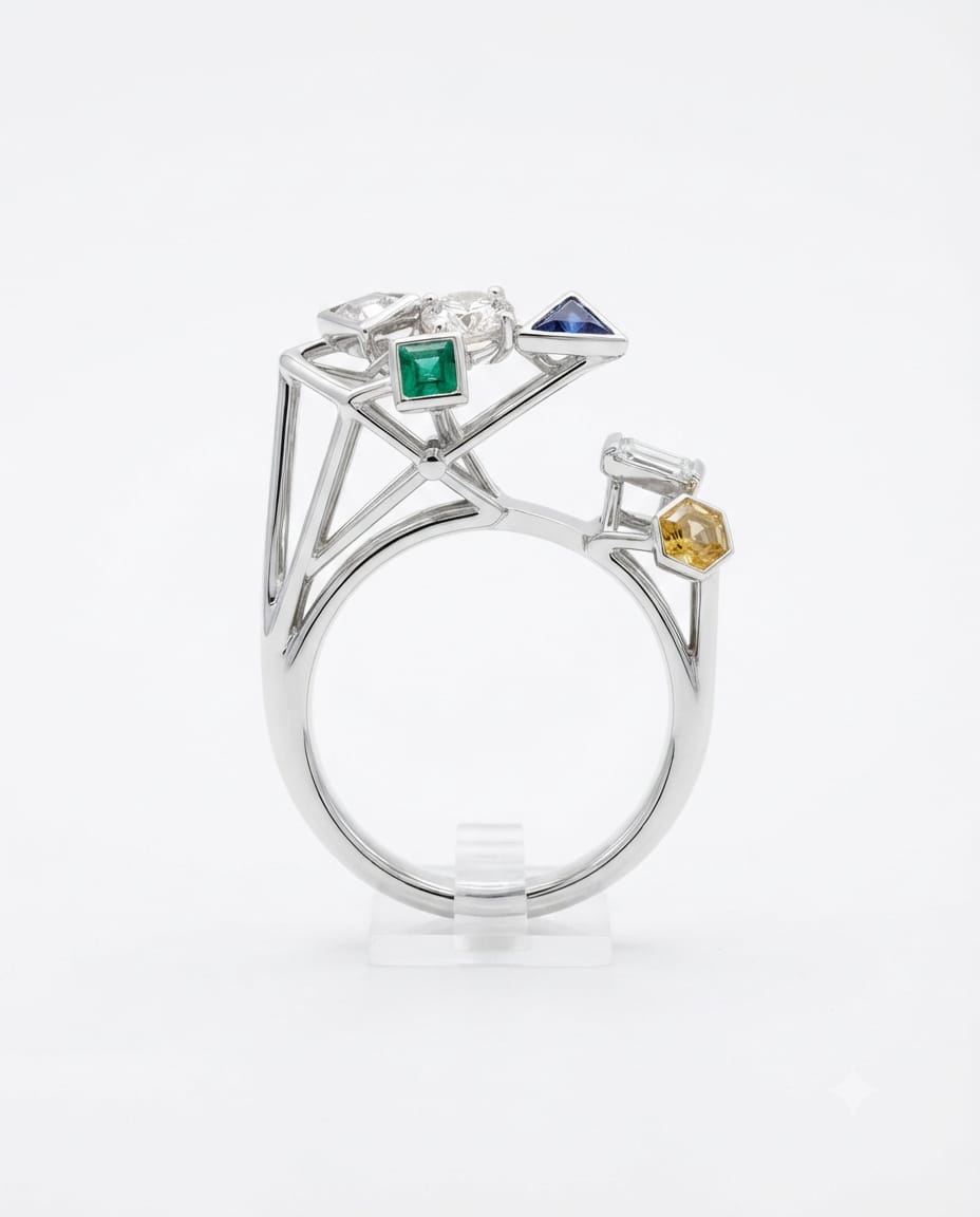 Fulcrum Ring — 18K rose gold ring with diamond, yellow sapphire, emerald, and blue sapphire