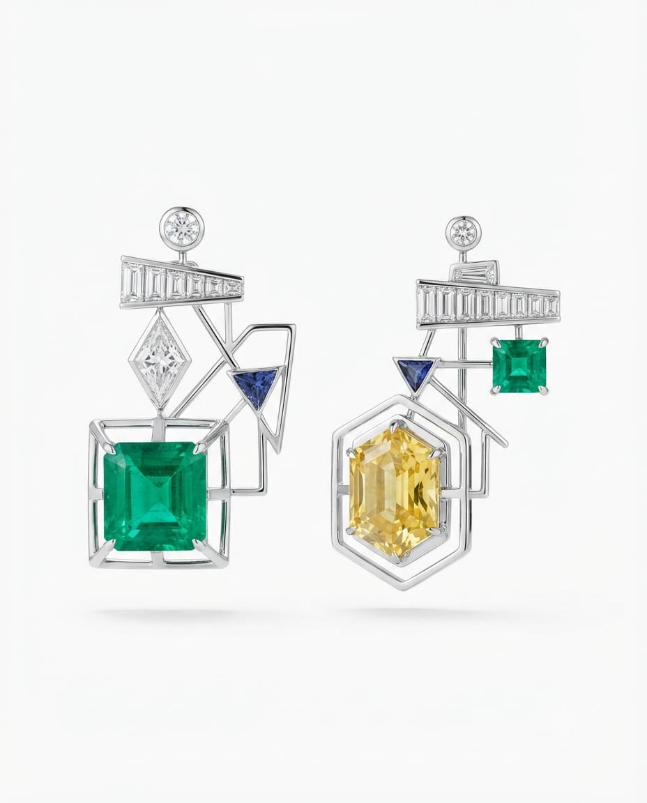 Counterweight Earrings — 18K white gold earrings with diamond, emerald, yellow sapphire, and blue sapphire