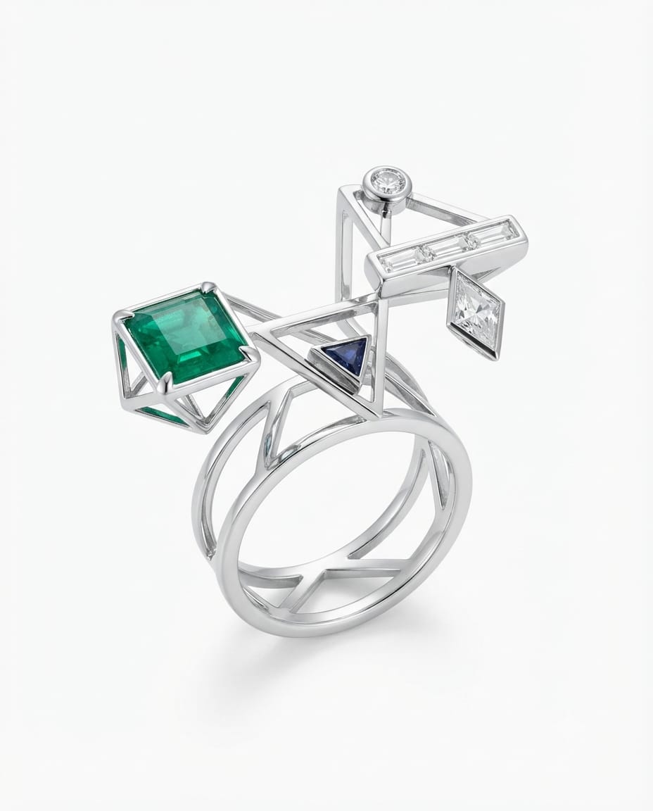 Equilibrium Ring — 18K white gold ring with diamond, emerald, and blue sapphire