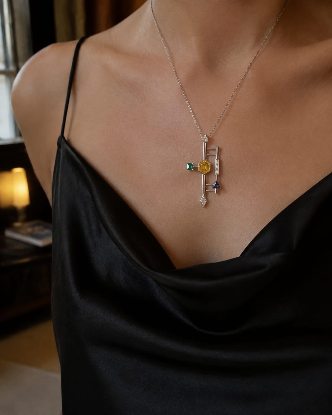Balance Language collection — symmetrical architectural jewelry set with emeralds and sapphires