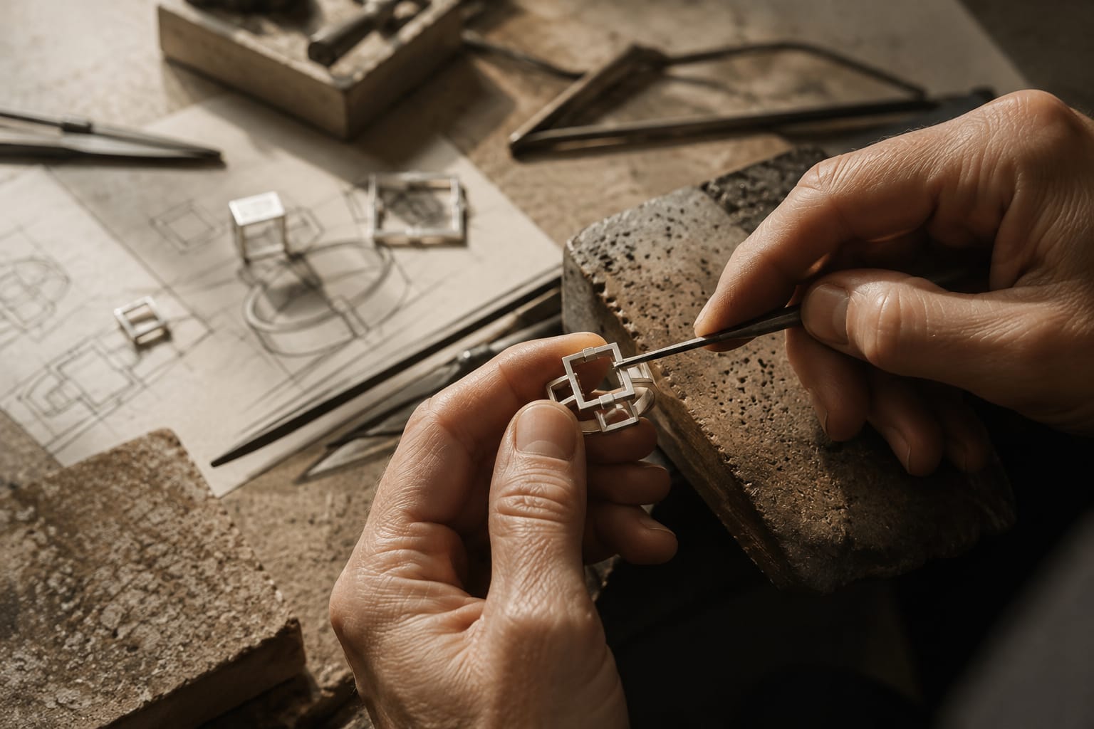 CHARMENTIST architectural jewelry design process — hand casting and setting