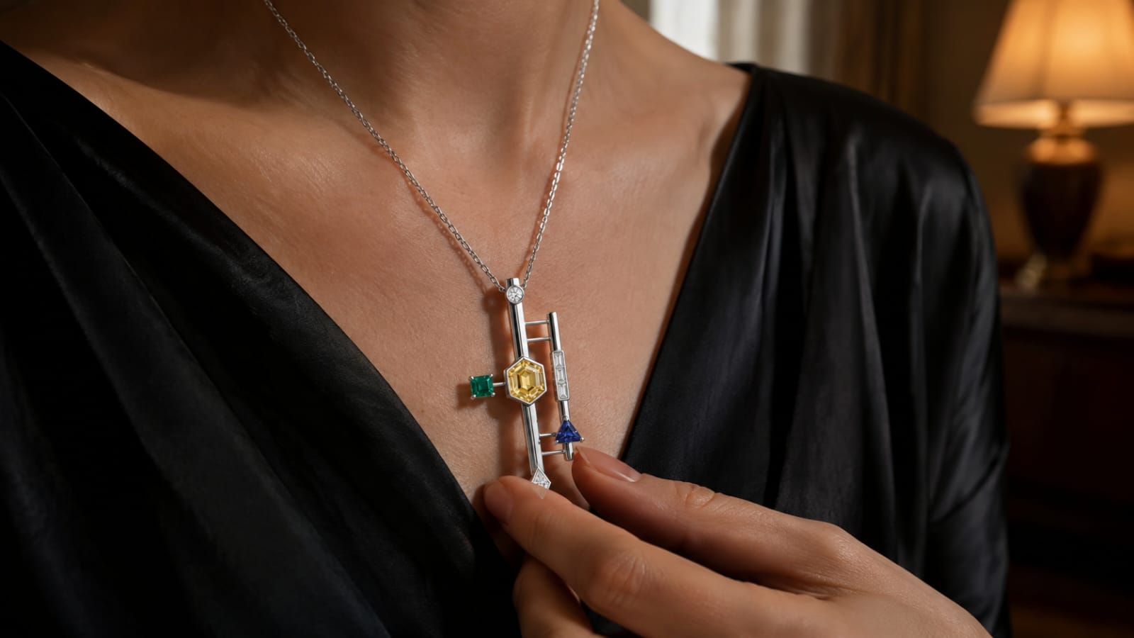 Balance Language collection — symmetrical 18K gold jewelry with diamonds, emeralds, and sapphires