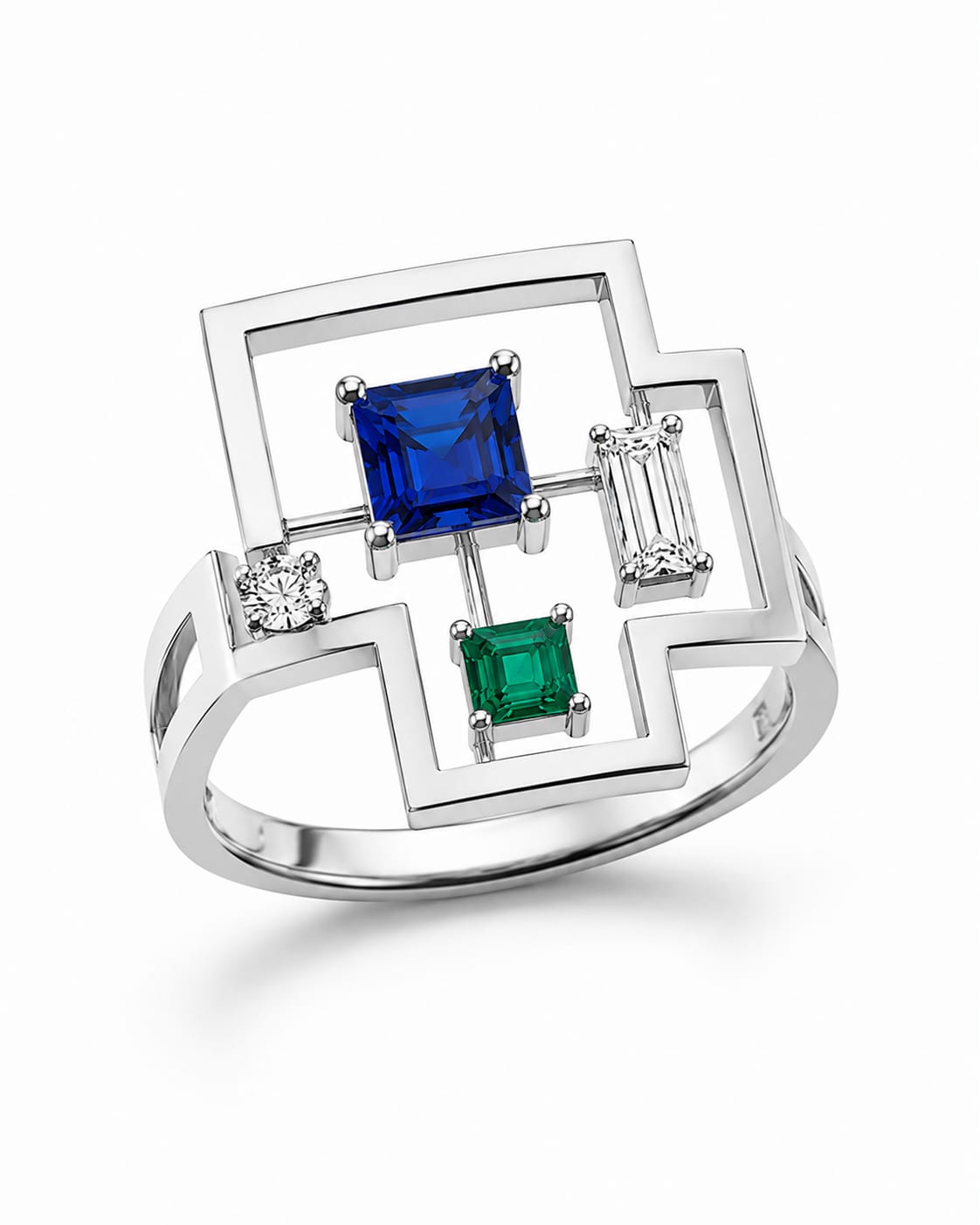 Bastion Ring — 18K white gold ring with diamond, blue sapphire, and emerald
