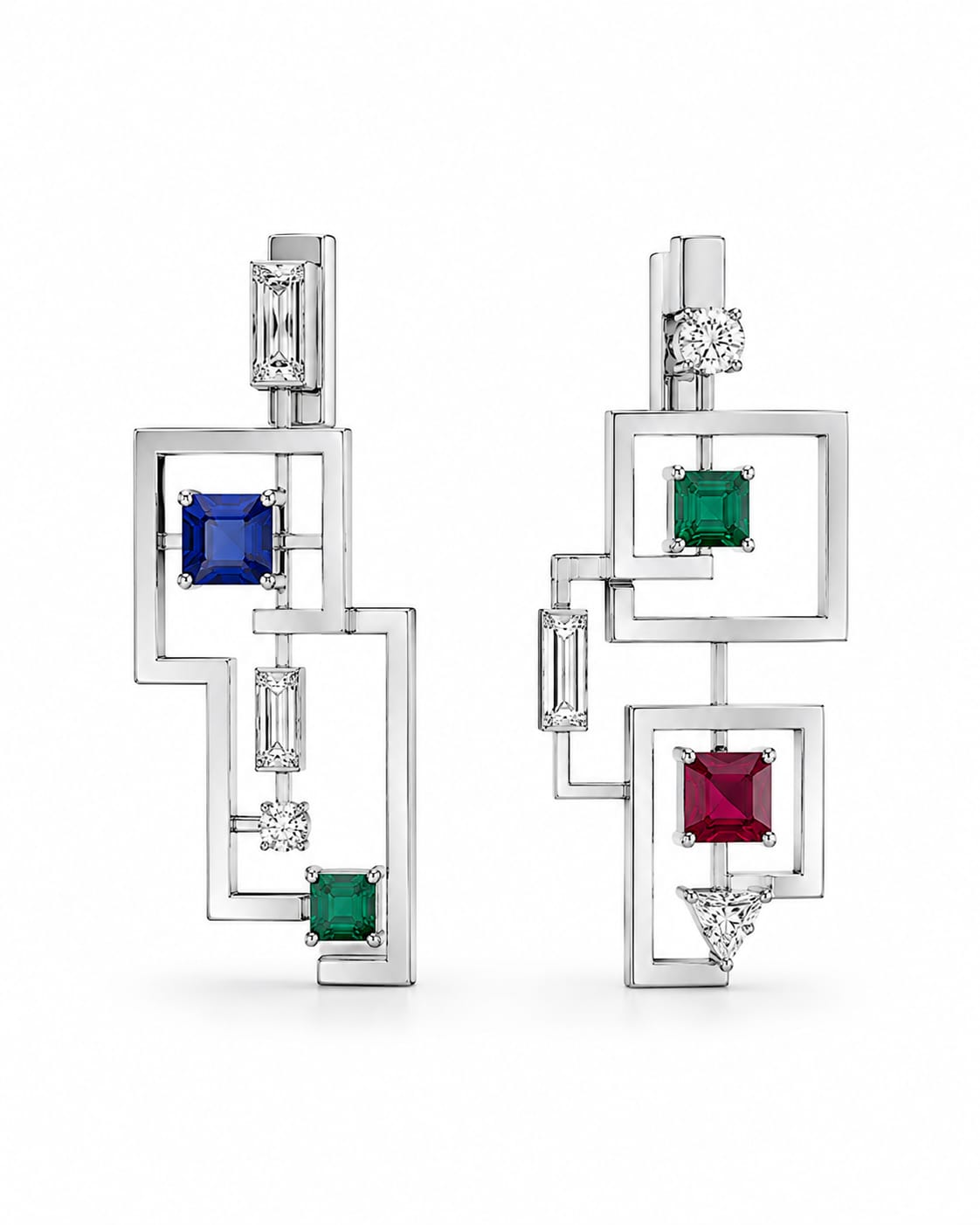 Matrix Earrings — 18K yellow gold earrings with diamond, blue sapphire, emerald, and ruby