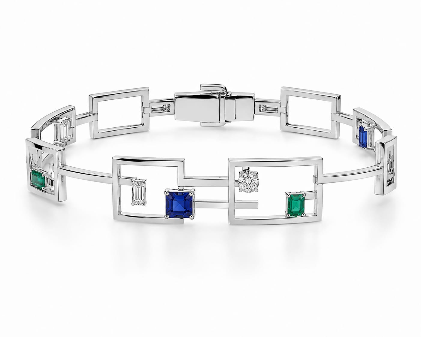 Grid Bracelet — 18K white gold bracelet with diamond, blue sapphire, and emerald