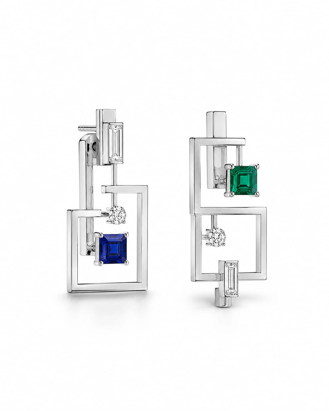 Lattice Earrings — 18K white gold earrings with diamond, blue sapphire, and emerald