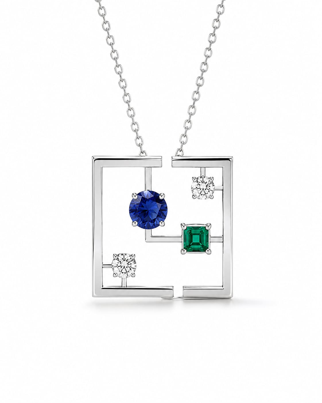 Pillier Necklace — 18K white gold necklace with diamond, blue sapphire, and emerald